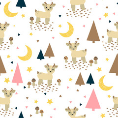 Seamless childish pattern with cute deer and fir trees. Creative kids texture for textile, fabric, wrapping, wallpaper, apparel, nursery decoration. Cartoon style. Vector illustration.