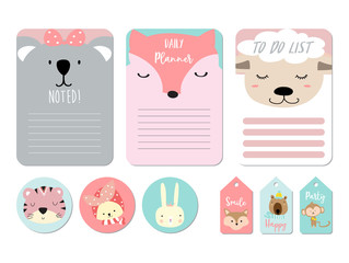 Pastel printable with bear,sheep, fox, koala, tiger, rabbit in funny style.with wording smile,happy,party © piixypeach