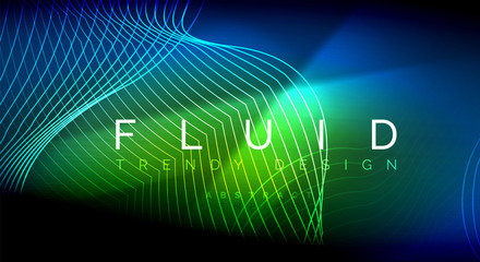Neon glowing fluid wave lines, magic energy space light concept, abstract background wallpaper design, ripple texture illustration