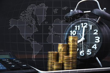 Coins stacks and alarm clock with tablet computer and financial graph, business planning vision and finance analysis, world map, global network business banking concept idea, element by NASA.