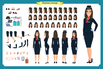Woman character creation set. The stewardess, flight attendant. Icons with different types of faces and hair style, emotions, front, rear side.