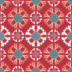 Colorful decorative tile design in red, white and turquoise. Beautiful, vibrant seamless vector repeating pattern, perfect for floors, textiles, tile design, fashion, decor and graphic design uses.