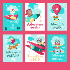 Vector set of cards with pilot animals and travel quotations