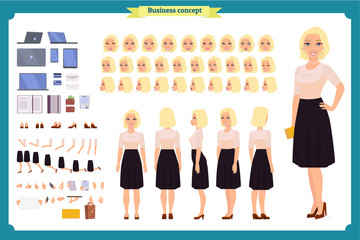 Pretty female office employee character creation set. Full length, different views, emotions gestures. Business casual women fashion. Build your own design. Cartoon flat-style infographic illustration