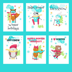 Vector set of cards with cute skiing animals