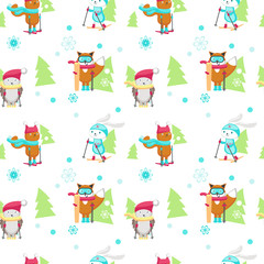 Vector seamless pattern with cute skiing animals