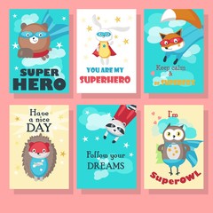 Vector set of cards with cute superhero animals
