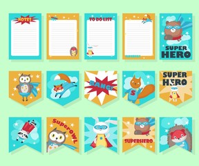 Vector set of cards with cute superhero animals