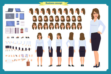 Set of Businesswoman character design.Front, side, back view animated character.Business girl character creation set with various views, poses and gestures.