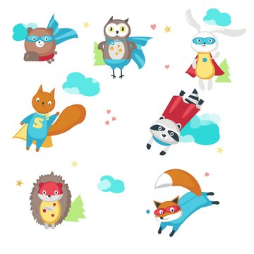 Superhero animals. Vector illustration isolated on white background. Cute little raccoon, rabbit, bear, owl, fox, squirrel and hedgehog in super hero costumes.