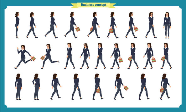 Collection set of walking and running business woman.Walk, run, active. Variety of movements. Flat Character cartoon style, Side view, haft front view,