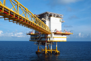 Accommodation in oil and gas platform they are a lot of people on boarded the accommodation platform connect to production platform with bridge.