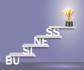 Business word ladder with trophy cup vector realistic illustration