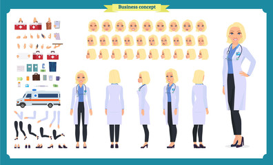 Scientist character creation set. Woman works in science laboratory at experiments. Full length, different views, emotions, gestures. Build your own design.