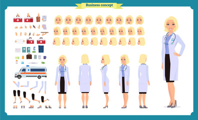 Scientist character creation set. Woman works in science laboratory at experiments. Full length, different views, emotions, gestures. Build your own design.
