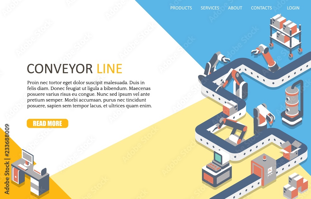 Poster conveyor line landing page website vector template
