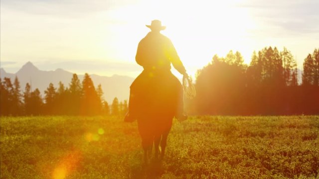 Silhouette of Cowboy Riders in sunset wilderness Canada