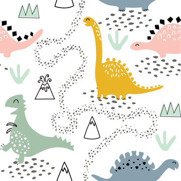 Childish Seamless Pattern With Dinosaurs, Volcano, Mountains And Tropical Plants. Hand Drawn Kids Texture In Scandinavian Style For Fabric, Textile, Nursery Decoration, Apparel, Wallpaper, Wrapping