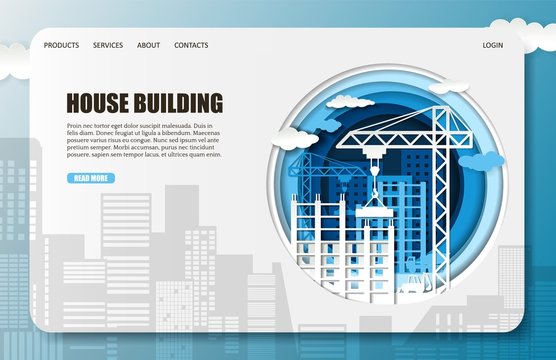 Vector paper cut house construction company landing page website template
