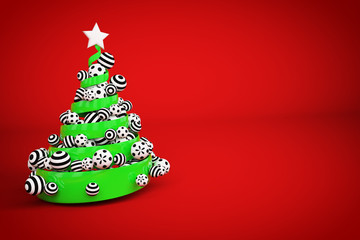 Abstract festive spiral christmas tree made of green ribbon with dotted and striped xmas balls. 3d render illustration.