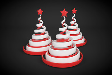 Abstract festive spiral christmas tree made of white and red ribbons with star. 3d render illustration on black background.