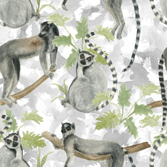 Watercolor painting seamless pattern with cute lemurs