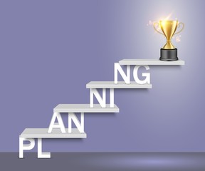 Planning word ladder with trophy cup vector realistic illustration