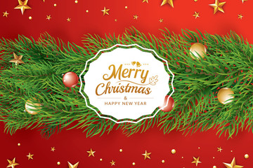 Christmas greeting card with fir branch on red background. Vector illustration happy new year. Use for banner, poster.