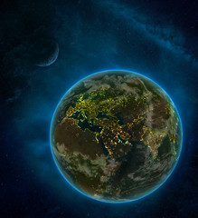 Kuwait from space on Earth at night surrounded by space with Moon and Milky Way. Detailed planet with city lights and clouds.