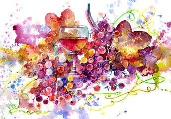 Red wine. Glass of wine. Watercolor illustration. Wine and grapes in watercolor.