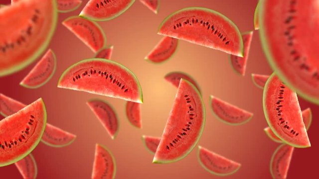Watermelon slices falling down on red background. 4k video.