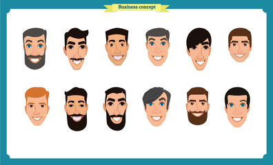 Group of people, business bearded men avatar icons.Flat design people characters.Business avatars set. Isolated vector on white. Face template for design, animation.Smiling, People characters