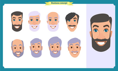 Group of people, business bearded men avatar icons.Flat design people characters.Business avatars set. Isolated vector on white. Face template for design, animation.Smiling, People characters