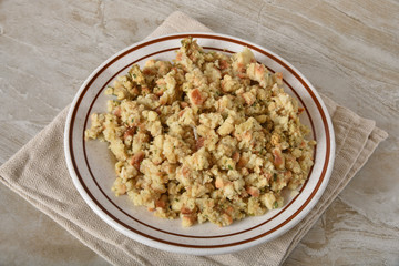 High angle view of a bowl of turkey stuffing