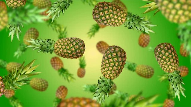 Pineapples falling down on green background. 4k video.