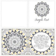Vintage greeting card with mandala background. Luxury vector ornament template. The front and rear side.