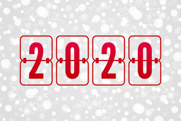 2020 Scoreboard Happy New Year vector illustration. Winter holiday snow pattern. Decorative Christmas background with snowflakes, sparkles, lights and red flip symbol