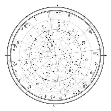 Astrological Celestial map of Northern Hemisphere. Horoscope on January 1, 2019 (00:00 GMT). Detailed outline chart with symbols and signs of Zodiac, planets, asteroids & etc.