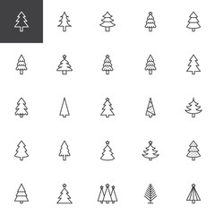 Christmas tree outline icons set. linear style symbols collection, line signs pack. vector graphics. Set includes icons as Xmas tree decoration with star, Coniferous forest, Spruce winter tree, Fir