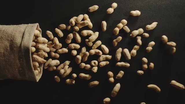 TOP VIEW: Bag falls and unpeeled peanuts are poured out of it - Slow Motion