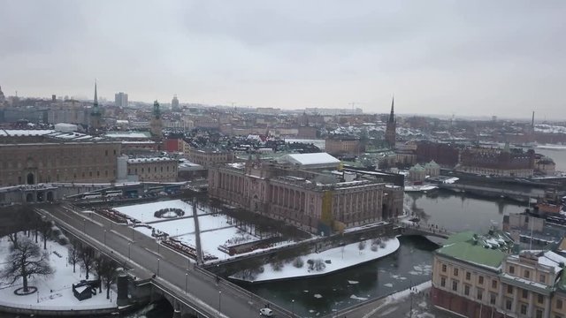 Aerial upward view over Gustav Adolf's Square and Norrbro bridge situated in Stockholm,Sweden.