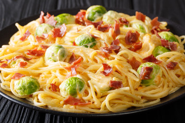 Pasta with Brussels sprouts, ham covered with creamy cheese sauce close-up on a plate. horizontal