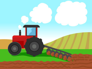 Obraz premium Vector Illustration of Tractor Plowing on Farm Field