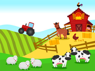 Vector Illustration of Farm with Barn and Animals Background