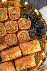 Delicious baklava dessert in oriental golden setting