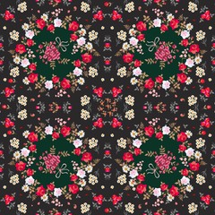 Seamless floral pattern with bouquets and garlands of garden flowers on black background. Roses, daisies, bell flowers, leaves and little paisley.