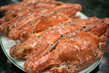 Closeup of homemade Steamed Flower crabs.