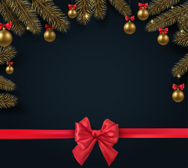 Christmas and New Year background with fir branches, gold Christmas balls and red bow.