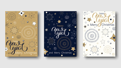 Merry Christmas and Happy New Year greeting cards with abstract festive pattern.