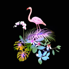 A composition of tropical plants, palm leaves